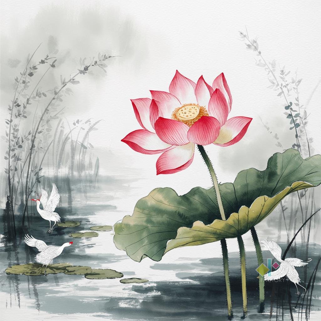 Wall Art with Frames | Modern Contemporary Lotus & Crane Scenery Painting | Elegant Wall Decor for Living Room | Bedroom | Office