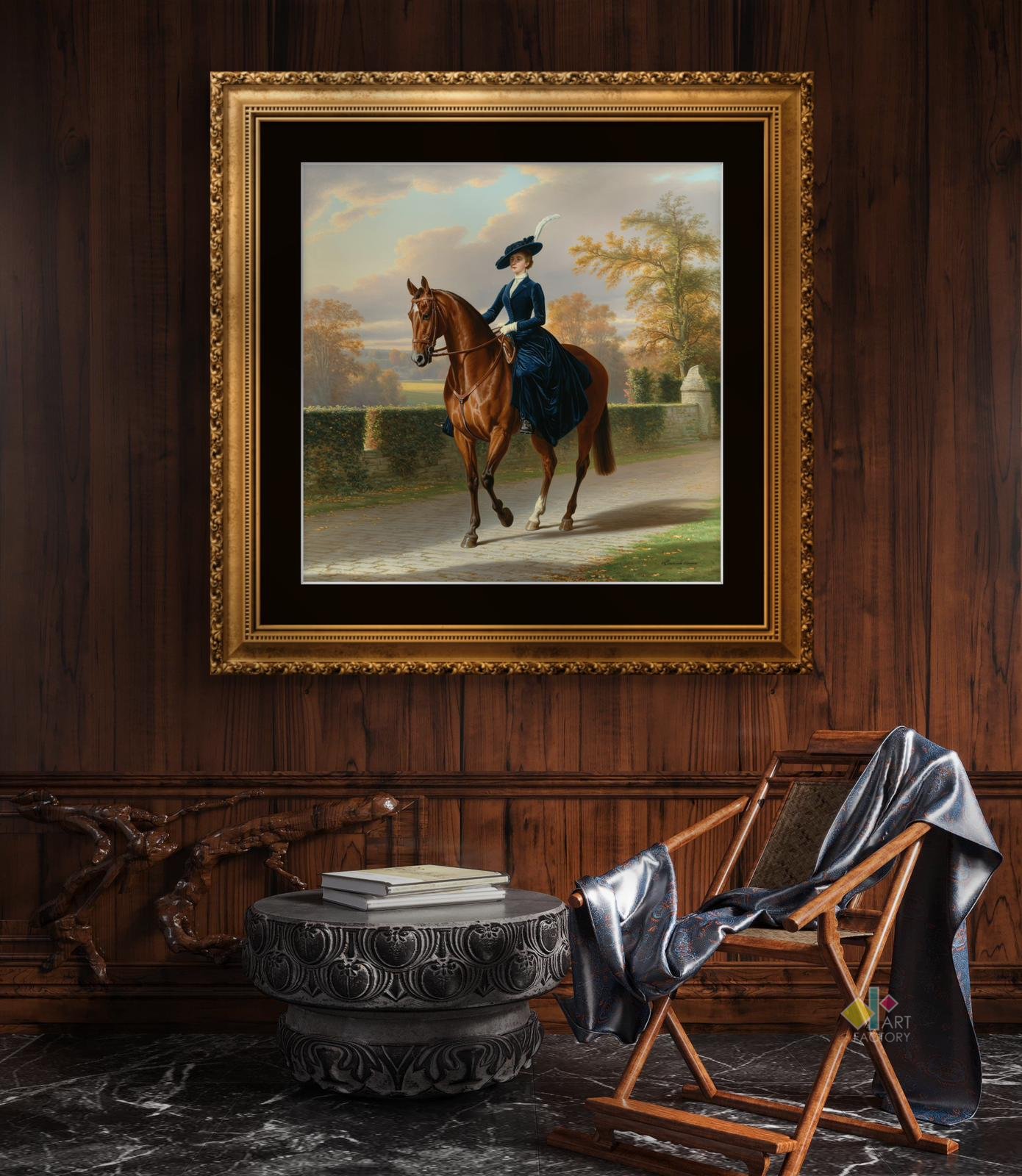 Vintage Lady on Horseback Portrait in Ornate Gold Frame – Classic Wall Art | 100 * 100 | Square